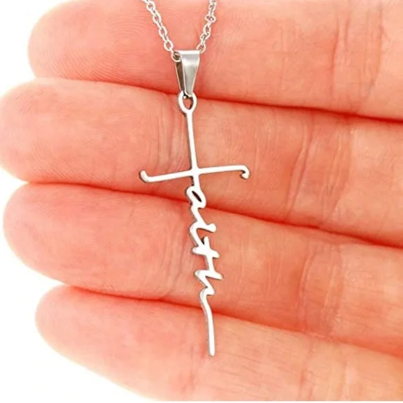 New Stainless Steel Cursive Faith Cross Religious Silver Minimalist Necklace - Picture 3 of 13